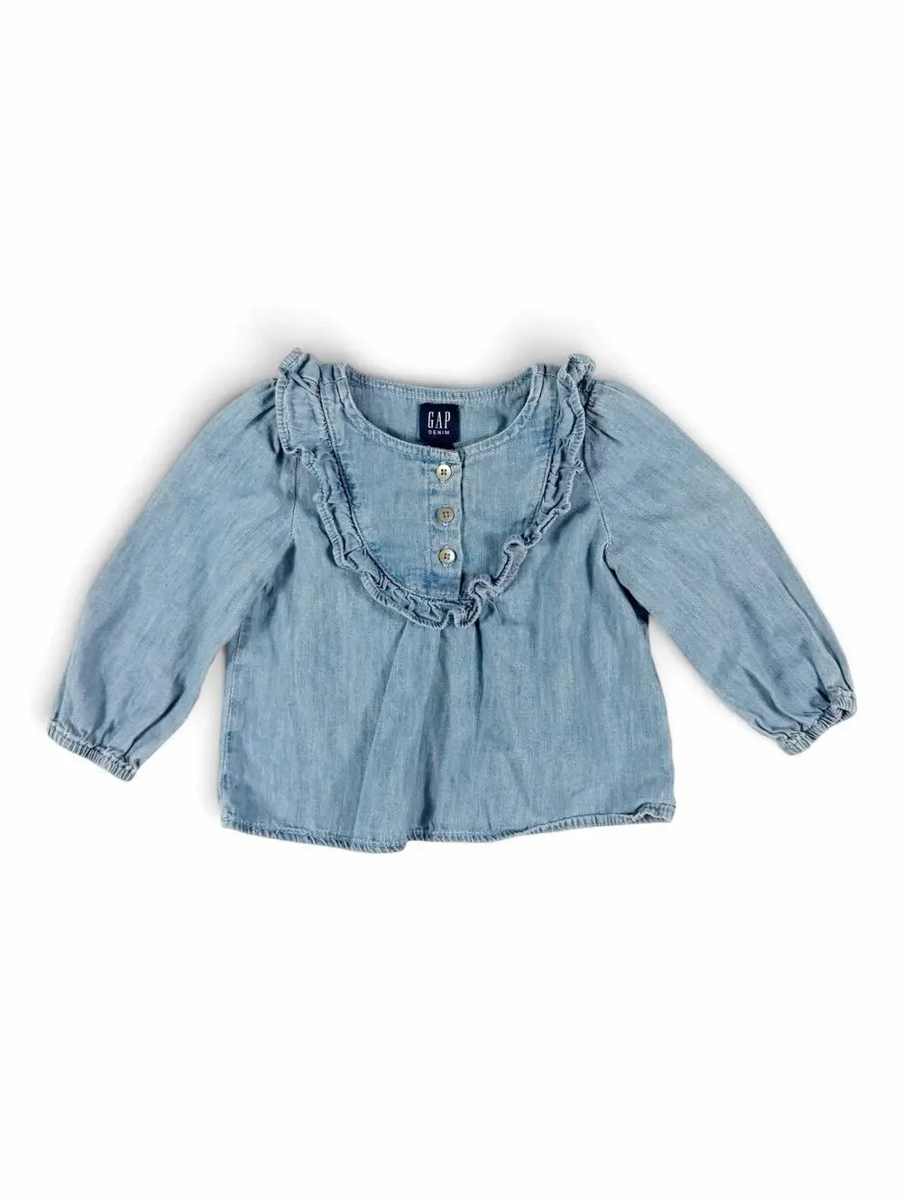 Gap Denim Baby Chambray Ruffle Long Sleeve Blouse Light Blue 12–18 Months